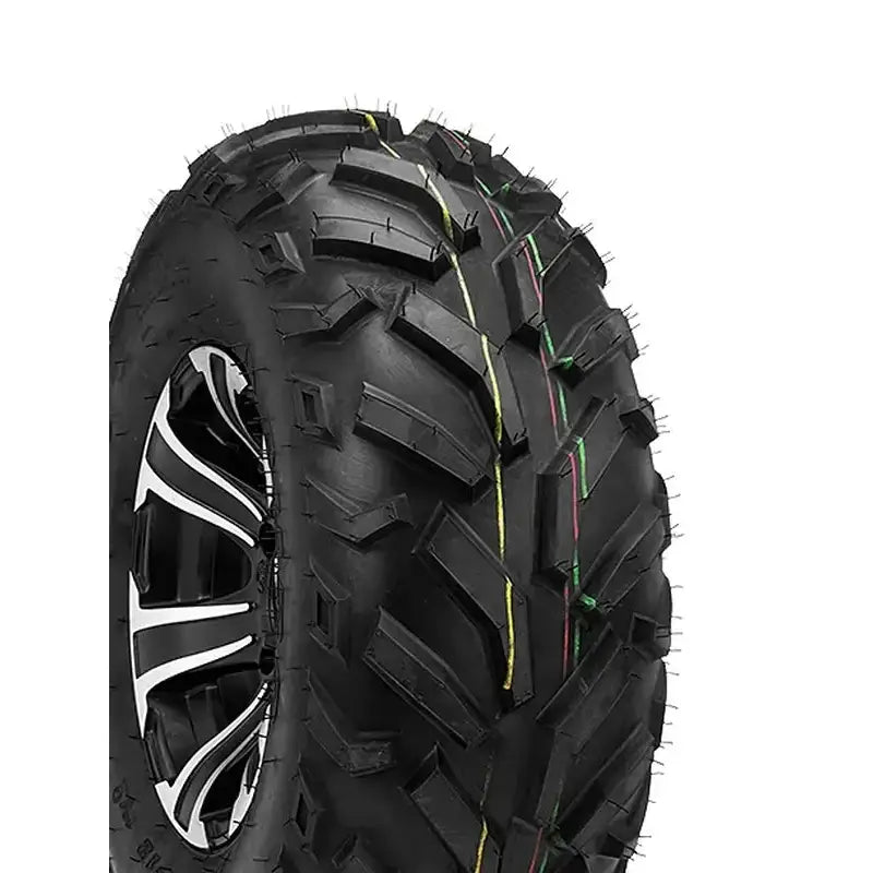Atv Dekk 26x10R14 Duro DI2013 Red Eagle, skråvisning som fremhever felgens design og fargede striper i grovt mønster.