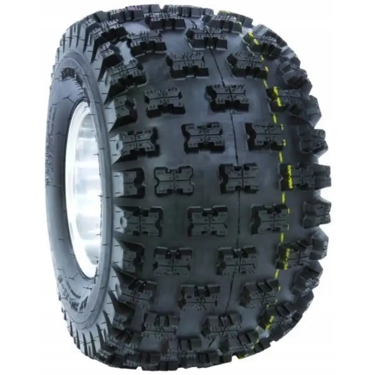 Atv Dekk 22x10-9 Duro DI-2011 Berm Raider, sidevisning som fremhever grove knaster, gule linjer og sølvfelg.