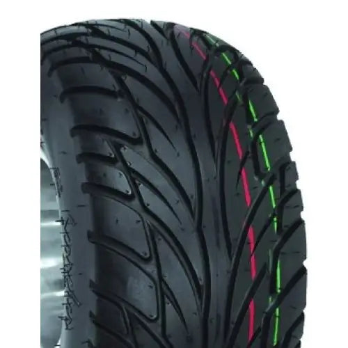 Atv Dekk 19x6-10 Duro DI-2019 Scorcher fra skrå vinkel, med buede mønsterspor og grønne samt røde linjer på høyre side.