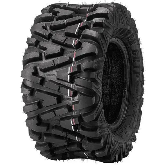 Atv Dekk 26x10-14 Duro Power Grip med markert rød stripe, dype spor og produksjonsrester, sett i trekvart vinkel.