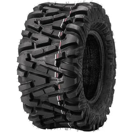 Atv Dekk 26x10-14 Duro Power Grip med markert rød stripe, dype spor og produksjonsrester, sett i trekvart vinkel.