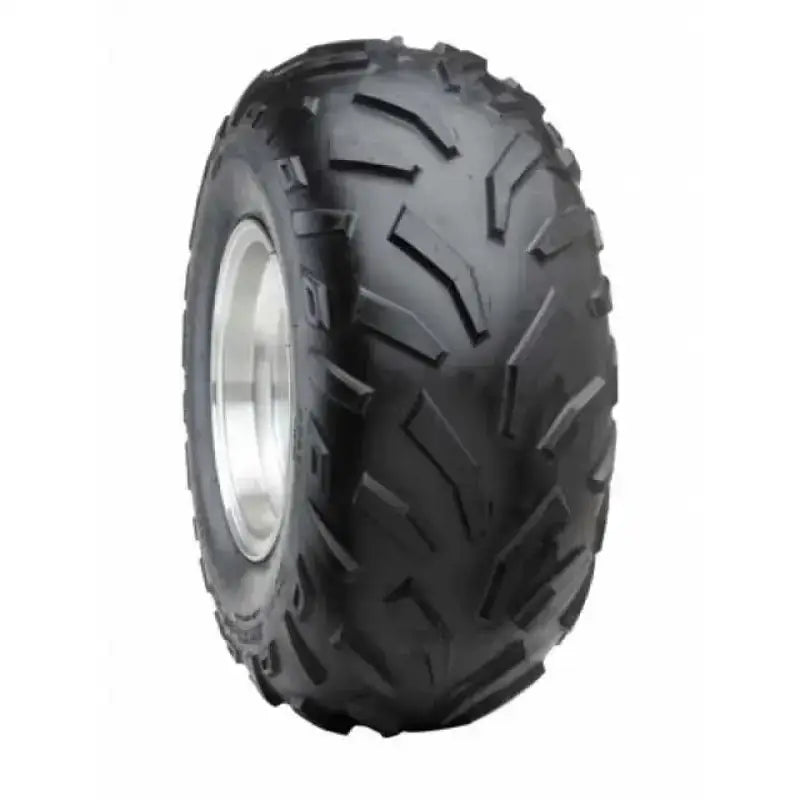 Atv Dekk 22x10-10 Duro DI2003 Black Hawk, skråvisning som fremhever grovt mønster og sølvfarget felg mot hvit bakgrunn.