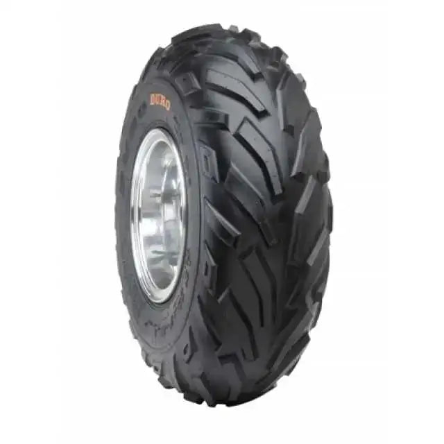 Atv Dekk 18x7-7 Duro DI2005 Black Hawk II, skrå sidevinkel som fremhever sølvfelg og grove mønsterblokker.