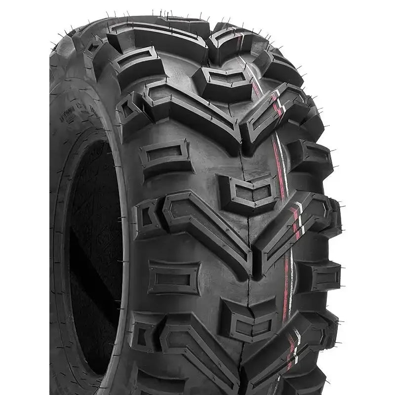 Atv Dekk 28x12-12 Duro DI2010 Buffalo, frontbilde som fremhever V-formede spor og røde samt hvite linjer langs midten.