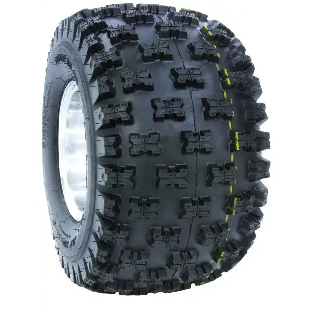 Atv Dekk 22x10-9 Duro DI2011 Berm Raider, sidevisning med grove firkantede knaster og gule detaljer på sølvfelg.