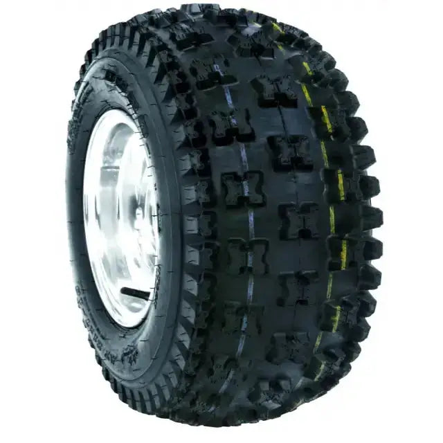 Atv Dekk 19x6-10 Duro DI2012, skrå forfra med markert knastedesign, gule striper og reflekser i felgen.