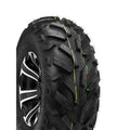 Atv Dekk 22x10-10 Duro DI2013 Red Eagle med fargede midtstriper, grove mønsterblokker og sølveiker, sett skrått.