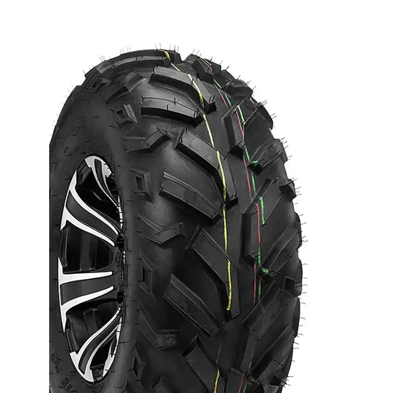 Atv Dekk 22x10-10 Duro DI2013 Red Eagle med fargede midtstriper, grove mønsterblokker og sølveiker, sett skrått.