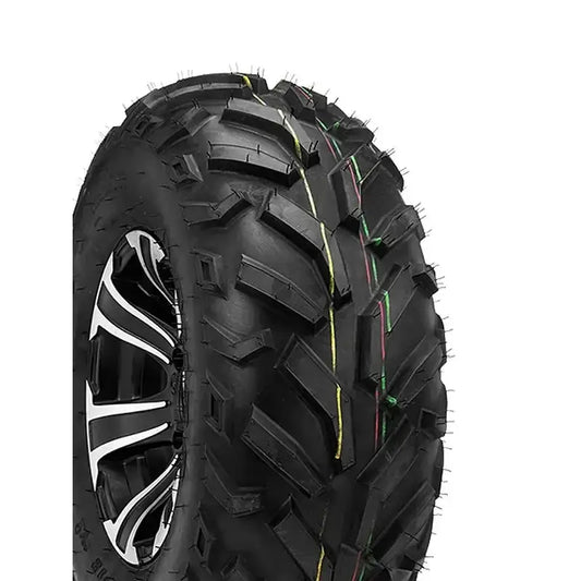 Atv Dekk 26x10R14 Duro DI2013 Red Eagle, skråvisning som fremhever felgens design og fargede striper i grovt mønster.