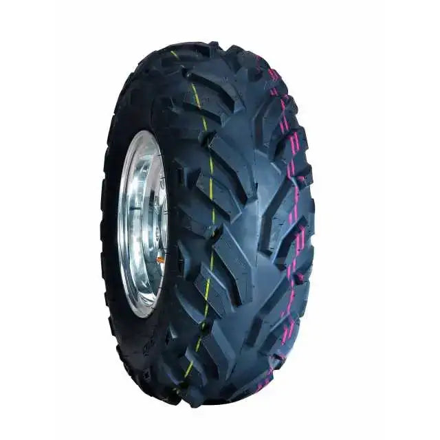 Atv Dekk 22x7-10 Duro DI2015 Red Eagle, skråvisning med markante gule og rosa linjer i grovt mønster.