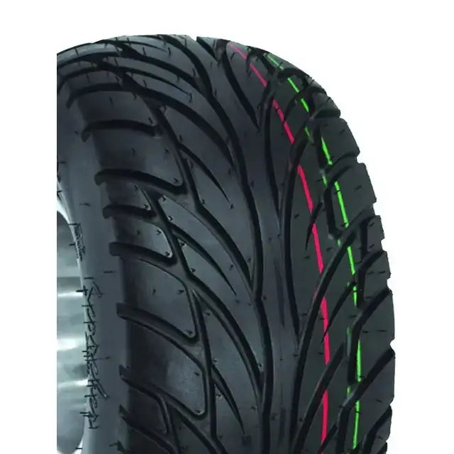 Atv Dekk 20x10-9 Duro DI2020 Scorcher, nærbilde forfra med tydelig mønster og røde og grønne striper på slitebanen.
