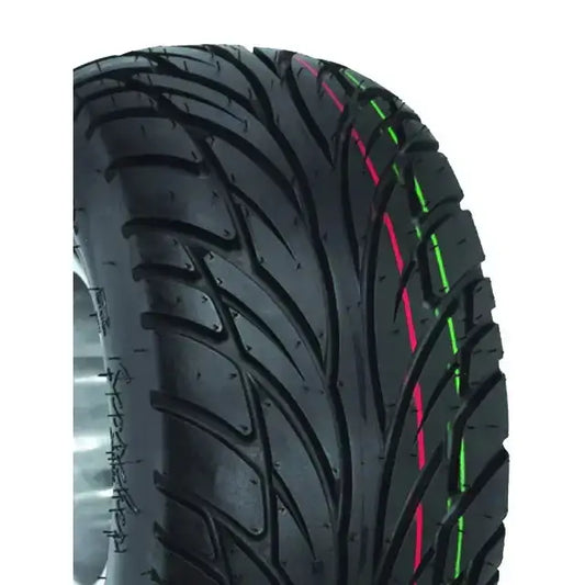 Atv Dekk 20x10-9 Duro DI2020 Scorcher, nærbilde forfra med tydelig mønster og røde og grønne striper på slitebanen.