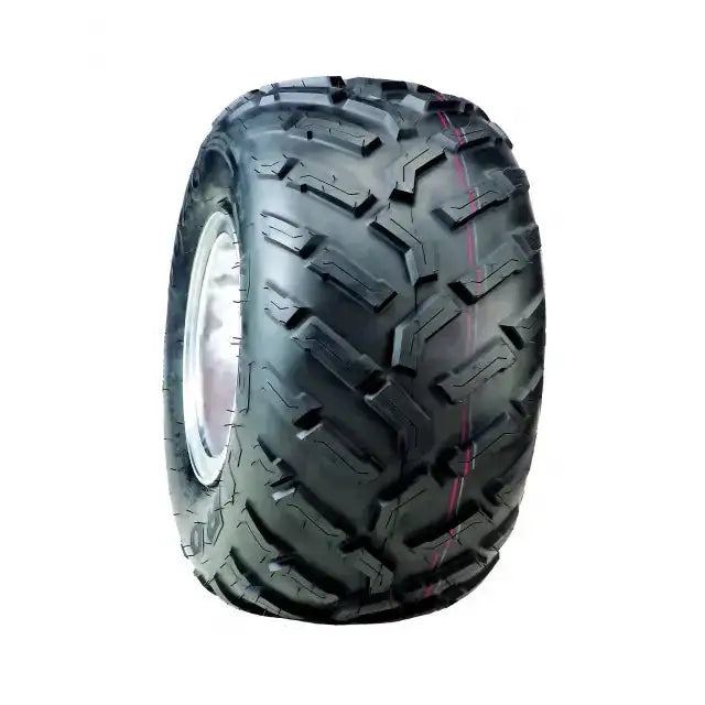 Atv Dekk 23x8-12 Duro DI2024 Fuze, skrå frontvisning med sølvfelg og rød stripe i det grove mønsteret.