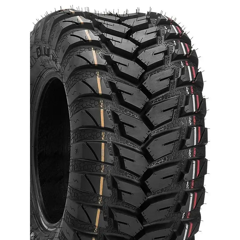 Atv Dekk 25x10R12 Duro DI2037, skråvisning som fremhever grove mønster og fargerike striper i sporene.