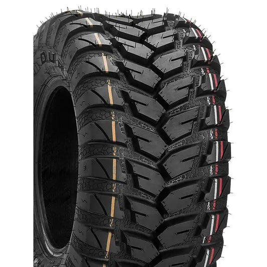 Atv Dekk 25x10R12 Duro DI2037, skråvisning som fremhever grove mønster og fargerike striper i sporene.