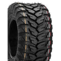 Atv Dekk 26x9-12 Duro DI2037, skrå forfra med grovt mønster og markante gule og røde striper på slitebanen.