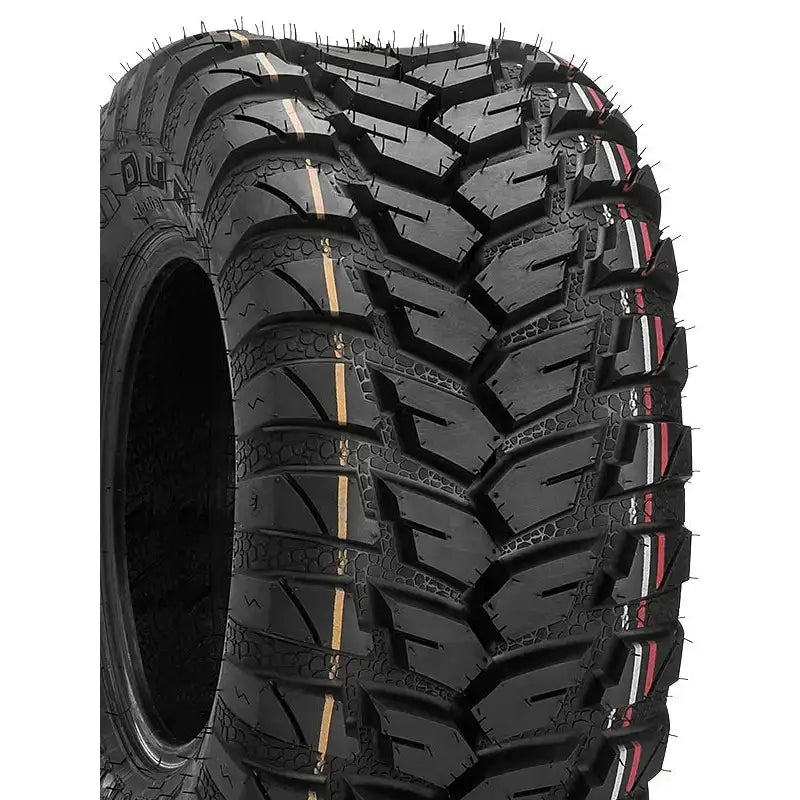 Atv Dekk 26x9-12 Duro DI2037, skrå forfra med grovt mønster og markante gule og røde striper på slitebanen.
