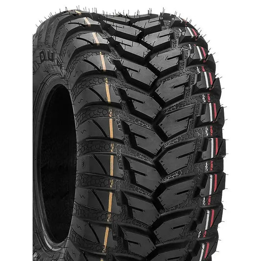 Atv Dekk 26x9-12 Duro DI2037, skrå forfra med grovt mønster og markante gule og røde striper på slitebanen.
