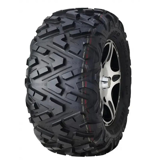 Atv Dekk 29x9-14 Duro DI2039 Power Grip V2, grovt mønstret dekk montert på sølvfelg, sett skrått forfra.