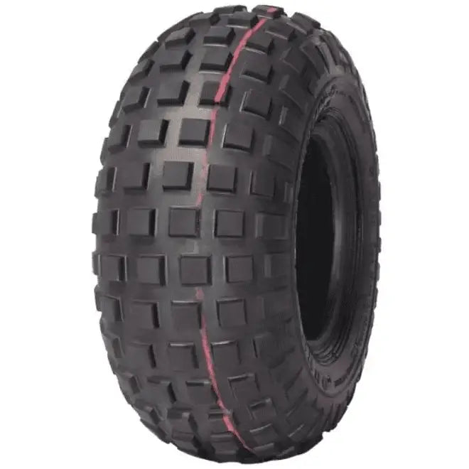Atv Dekk Duro HF-240 Knobby, vist i trekvart vinkel med rød stripe midt på slitebanen.