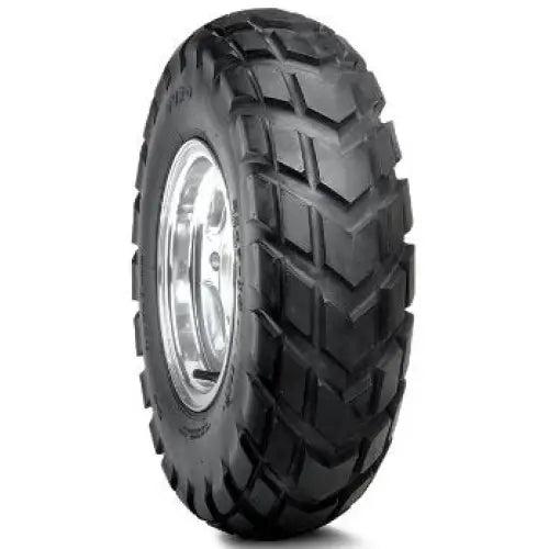 Atv Dekk 18x9.50 Duro HF-247, grovmønstret svart dekk med dype spor på sølvfelg, sett fra siden og forfra.