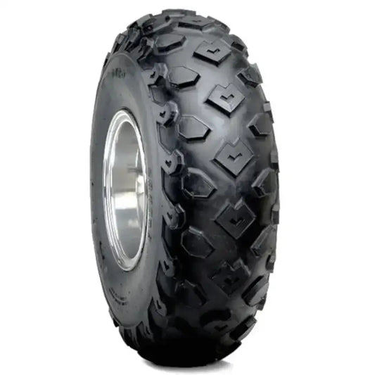 Atv Dekk 20x7-8 Duro HF246 Knobby, skrå forfra med grovt vinklet mønster og sølvfelg mot lys bakgrunn.