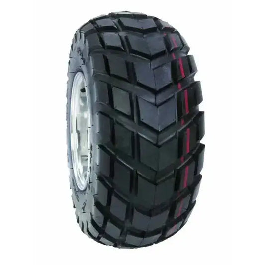 Atv Dekk 21x7-10 Duro HF247 med v-formet grovmønster og rød stripe langs slitebanen, sett fra siden.