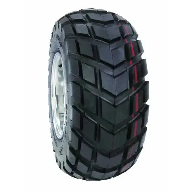 Atv Dekk 22x7-10 Duro HF247, skrå forfra med tydelige røde linjer og grove, dype mønster i slitesterk gummi.