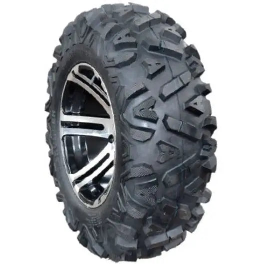 Atv Dekk 26x9-12 Forerunner Knight, sidevisning som fremhever dype knaster og sølvdetaljer på felgen.
