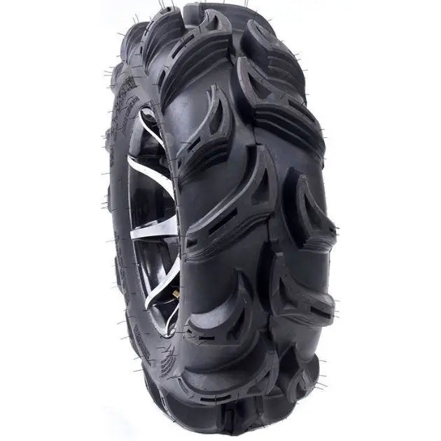 Atv Dekk 27x9-12 Forerunner Vulcan, frontvinkel som viser grove pigger og svarte felgeiker mot hvit bakgrunn.