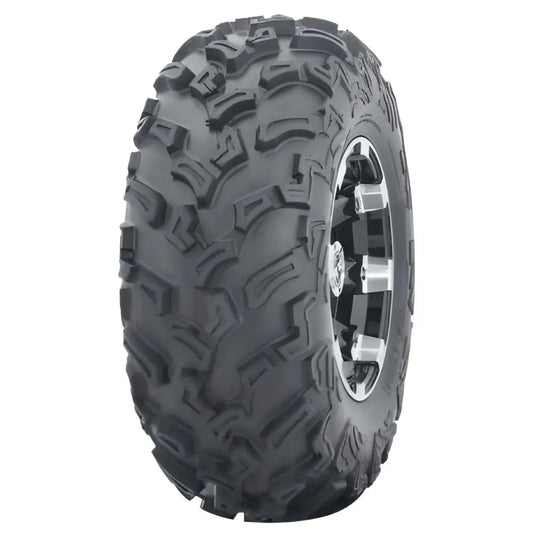 Atv Dekk 25x8-12 Hakuba med grovt, dypt mønster og sølvfarget felg, sett fra skrå vinkel for detaljert profil.