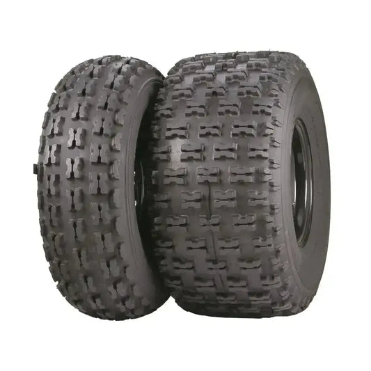 Atv Dekk 21x7-10 ITP Holeshot, to sorte dekk med firkantede knotter fotografert forfra mot hvit bakgrunn.