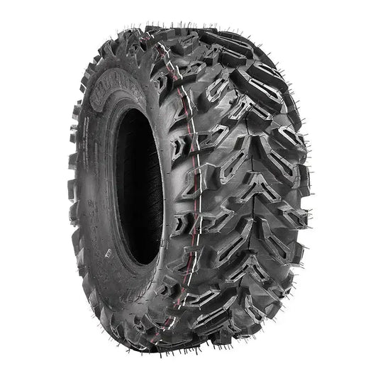 Atv Dekk 25x8-12 Journey, skråvisning som fremhever dype mønster, gummipigger og rød stripe langs midten.