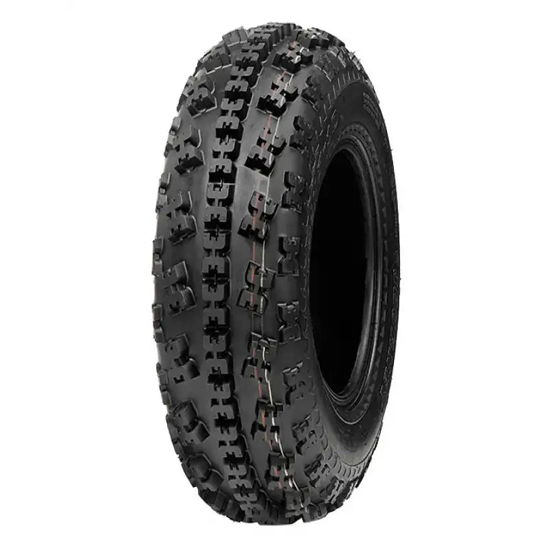 Atv Dekk 21x7-10 Journey P348 sett skrått forfra, viser tredelt mønster og markerte knaster på hvit bakgrunn.