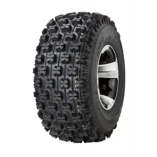 Atv Dekk 22x10-10 Journey P357, sidevisning som fremhever det grove knastemønsteret og felgens metalliske glans.