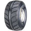 Atv Dekk 19x8-8 Kenda Speedracer, skråvisning som viser gule sidefelt, markert mønster og sølvfelg mot hvit bakgrunn.