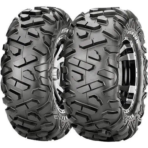 Atv Dekk 29x9-14 Maxxis M917 BigHorn, skråvisning av to dekk med dype mønstre og markante felger.