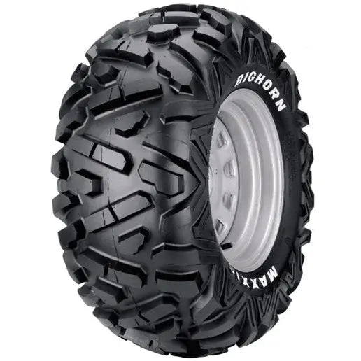 Atv Dekk 26x10-12 Maxxis BigHorn, sidevisning som fremhever de grove mønstrene og tydelig hvit modellmerking.