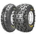 Atv Dekk 22x11-10 Maxxis M934 RAZR2, sett med to grove terrengdekk med markante knaster og gul logo på siden.