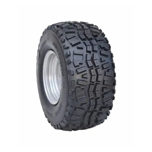 Atv Dekk 24x9-10 Roadguider Venus, skråvisning som fremhever den dype profilen og sølvfelgen mot hvit bakgrunn.
