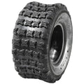 Atv Dekk 18x9.50 Sunf A-018, bredt sort dekk med rektangulære knaster i grovt mønster, sett fra skrå vinkel.