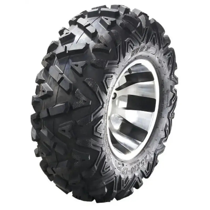 Atv Dekk 24x9-11 Sunf A-033, skrå visning som fremhever grovt mønster og sølvfarget felg med svarte detaljer.