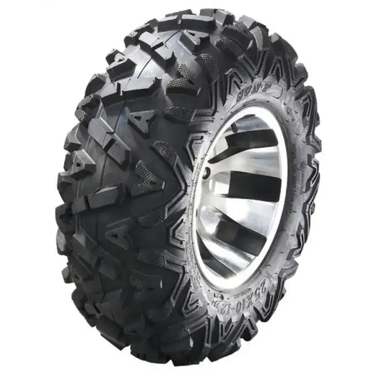 Atv Dekk 26x11-14 Sunf A-033, skrå sidevisning som fremhever grove knaster og sølvfelg i detalj.