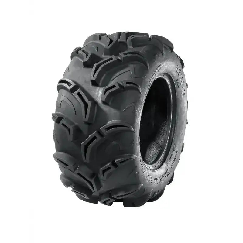 Atv Dekk 27x11-12 Sunf A-048 i skrå sidevinkel, viser dypt mønster og slitesterk gummi mot hvit bakgrunn.