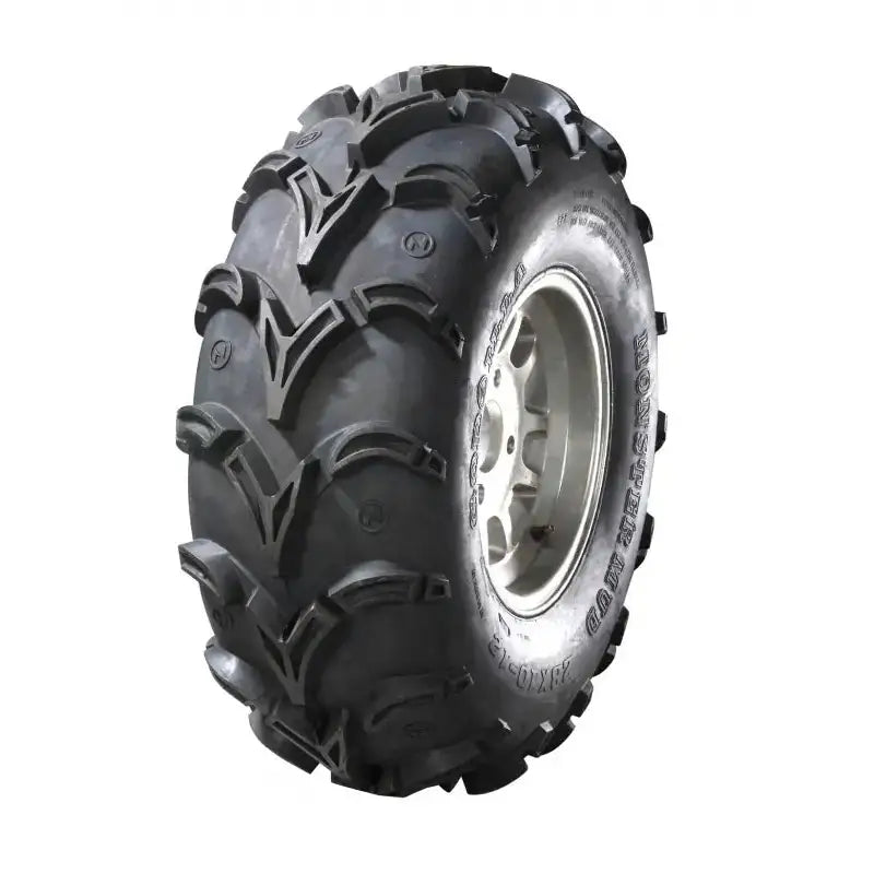 Atv Dekk 27x12-12 Sunf A-050 Monster Mud, skråvisning som fremhever v-formede knaster og sølvfarget stålfelg.