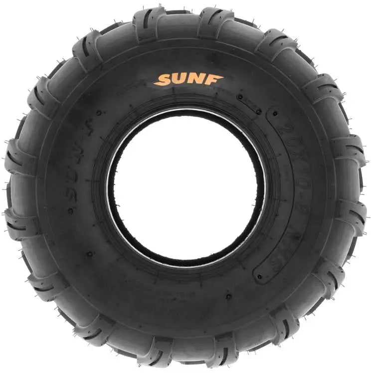 Atv Dekk 19x9.50 Sunf A003 sett forfra, viser oransje navnetrekk og tydelig markert mønster på dekksiden.