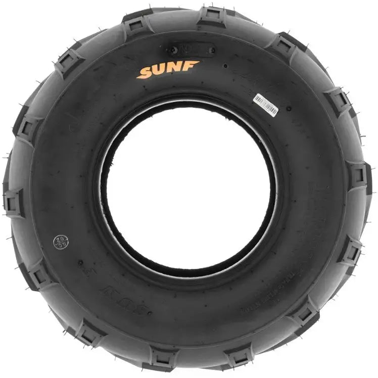 Atv Dekk 20x10-10 Sunf A004, frontbilde som fremhever grove knaster og gul SUNF-logo på dekksiden.