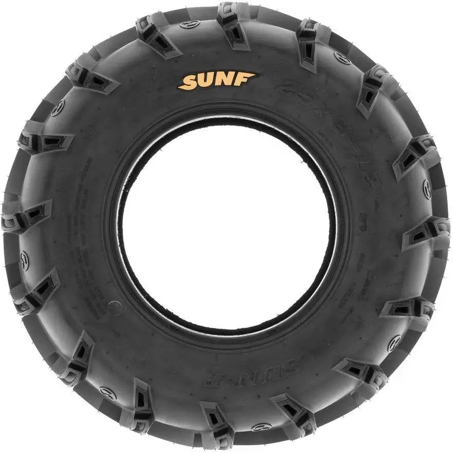 Atv Dekk 27x12-12 Sunf A050 sett forfra, viser grove knaster og oransje SUNF-logo tydelig på sideveggen.